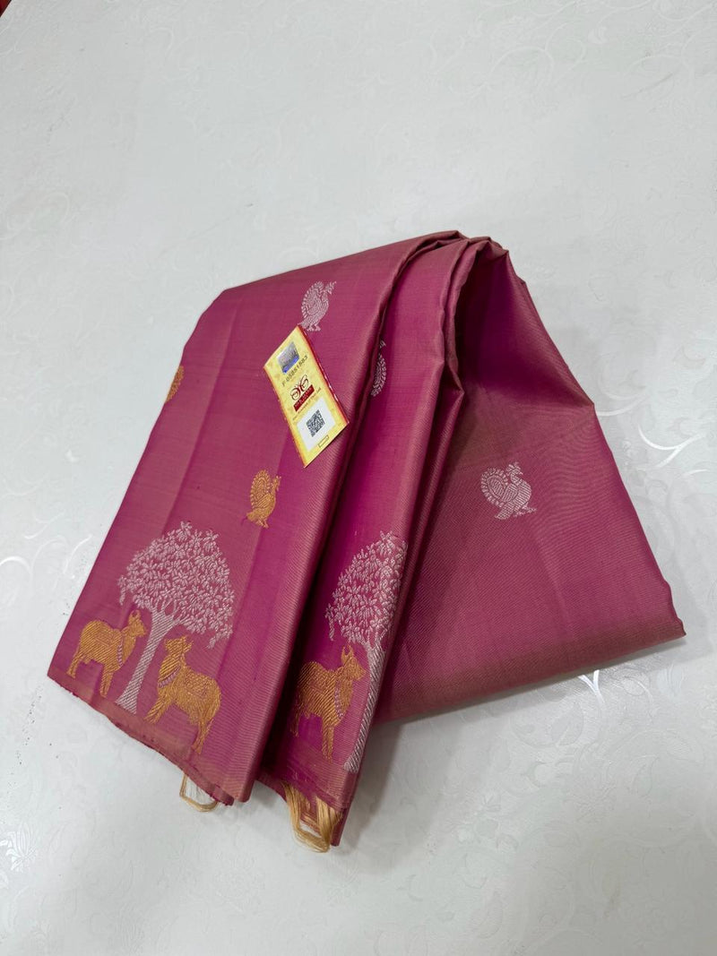 Dual Shade Pink Handloom Kanchipuram Silk Saree with Pichwai Zari Design