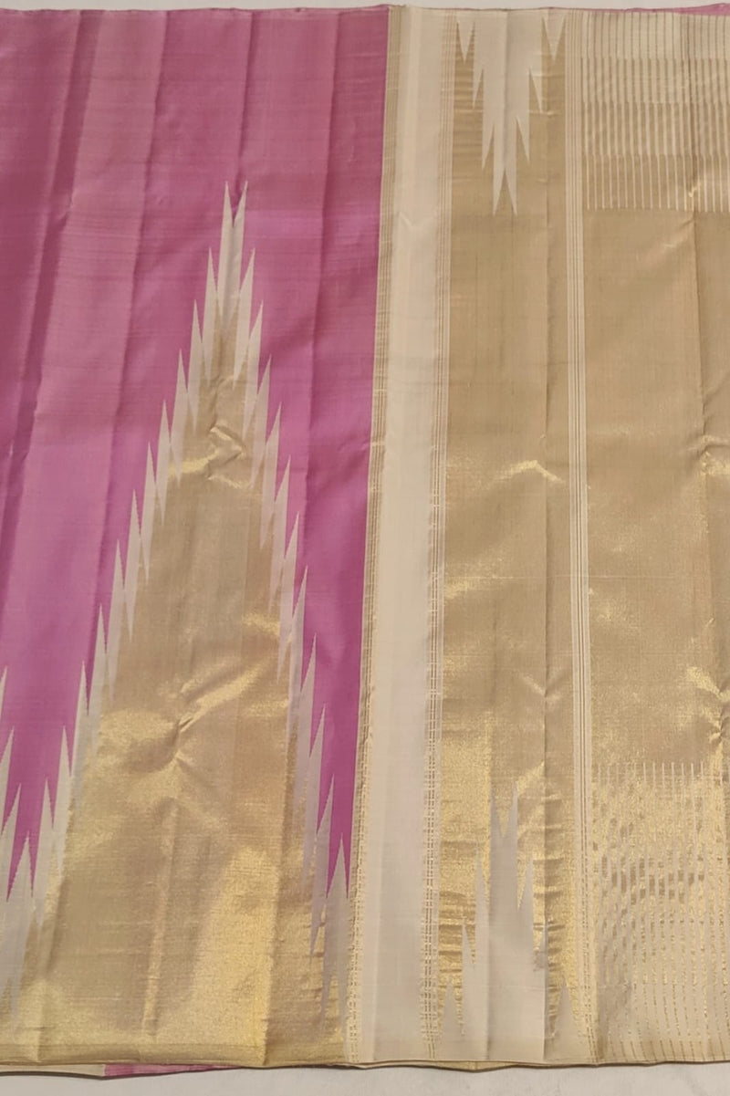 Pink 8 Kol Korvai Weaving Long Temple Border Kanchipuram Silk Saree