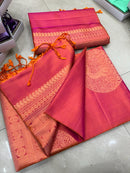 Borderless Dual Shade Orange Pink Soft Silk Saree with Unique Peacock Butta