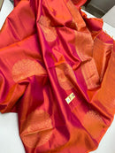 Borderless Dual Shade Orange Pink Soft Silk Saree with Unique Peacock Butta