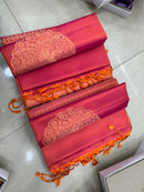 Borderless Dual Shade Orange Pink Soft Silk Saree with Unique Peacock Butta