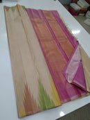 Half White Beige Self Weaving Multi Colour Zari Temple Border Handloom Kanchipuram Silk Saree