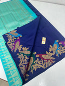Navy Blue Handloom Kanchipuram Silk Saree With Turning Meena Work Parrot Border on Both Sides