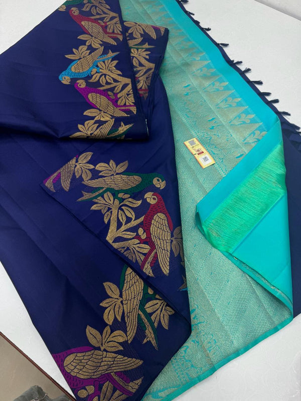 Navy Blue Handloom Kanchipuram Silk Saree With Turning Meena Work Parrot Border on Both Sides