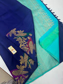 Navy Blue Handloom Kanchipuram Silk Saree With Turning Meena Work Parrot Border on Both Sides
