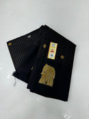 Trendy Elephant Border Design Black Handloom Kanchipuram Silk Saree with Zari Stripes along with Golden & Silver Zari Butta