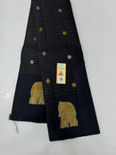 Trendy Elephant Border Design Black Handloom Kanchipuram Silk Saree with Zari Stripes along with Golden & Silver Zari Butta