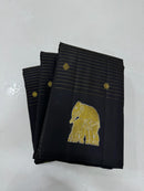 Trendy Elephant Border Design Black Handloom Kanchipuram Silk Saree with Zari Stripes along with Golden & Silver Zari Butta