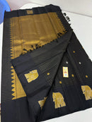 Trendy Elephant Border Design Black Handloom Kanchipuram Silk Saree with Zari Stripes along with Golden & Silver Zari Butta
