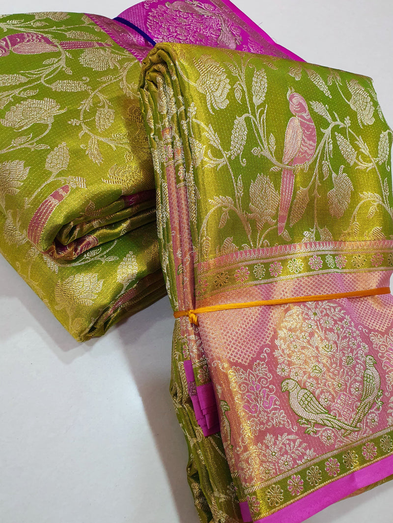 Celebrity Style Yellowish Green Parrot Butta Tissue Bridal Kanchipuram Silk Saree