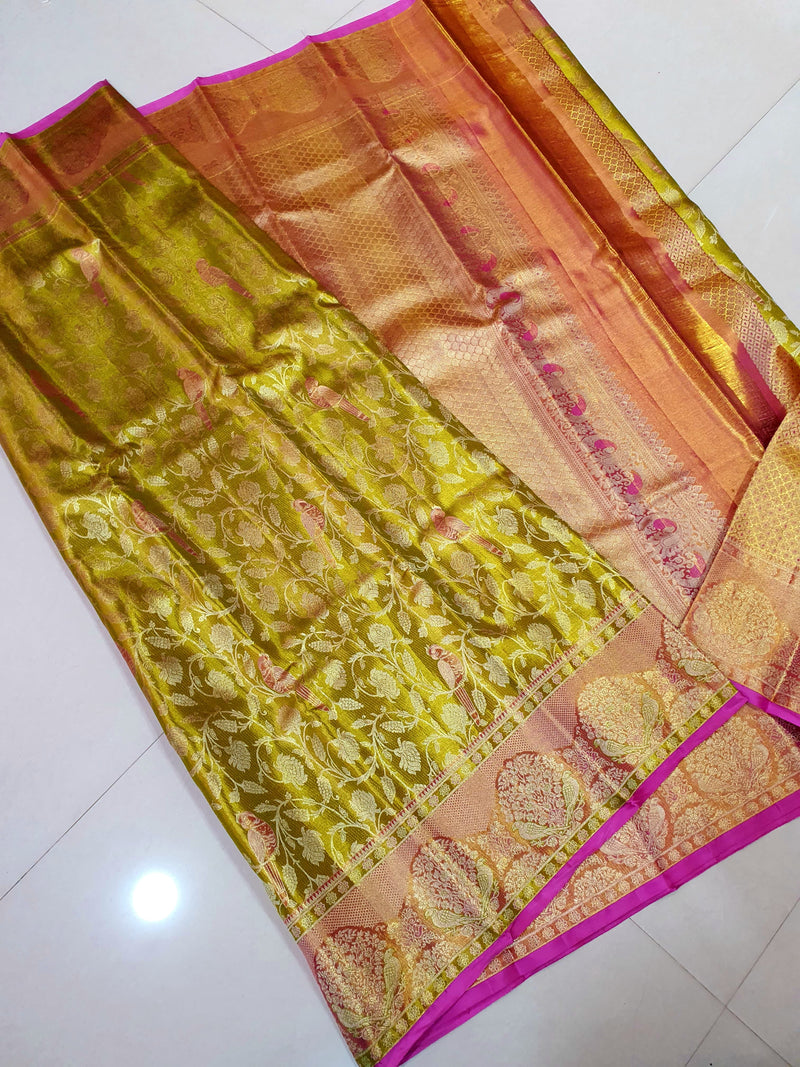 Celebrity Style Yellowish Green Parrot Butta Tissue Bridal Kanchipuram Silk Saree