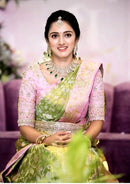 Celebrity Style Yellowish Green Parrot Butta Tissue Bridal Kanchipuram Silk Saree