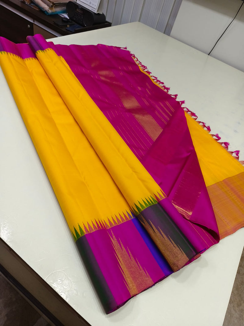 Yellow Traditional 8 Kol Korvai Multicolor Temple Border Handloom Kanchipuram Silk Saree