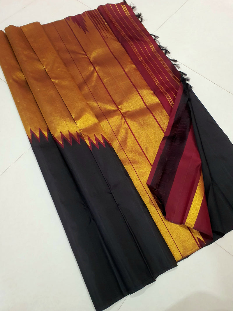 Celebrity Style - Black Maroon Korvai Raising Temple Border Kanchipuram Silk Saree