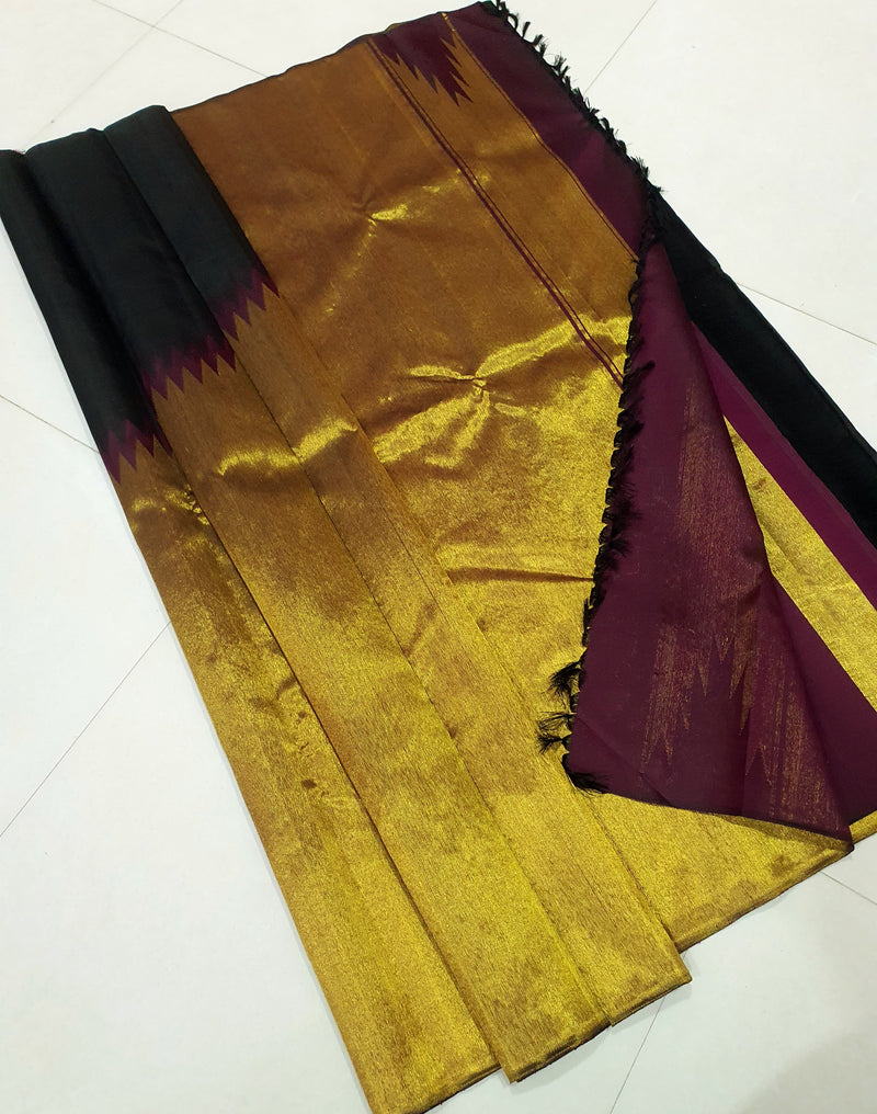 Celebrity Style - Black Maroon Korvai Raising Temple Border Kanchipuram Silk Saree