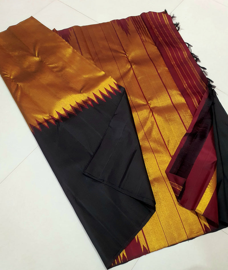 Celebrity Style - Black Maroon Korvai Raising Temple Border Kanchipuram Silk Saree