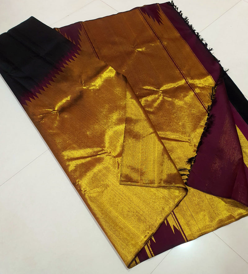 Celebrity Style - Black Maroon Korvai Raising Temple Border Kanchipuram Silk Saree