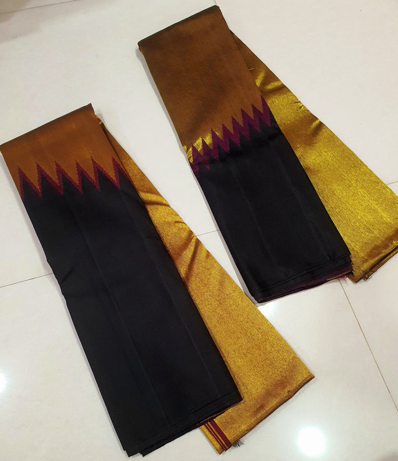 Celebrity Style - Black Maroon Korvai Raising Temple Border Kanchipuram Silk Saree