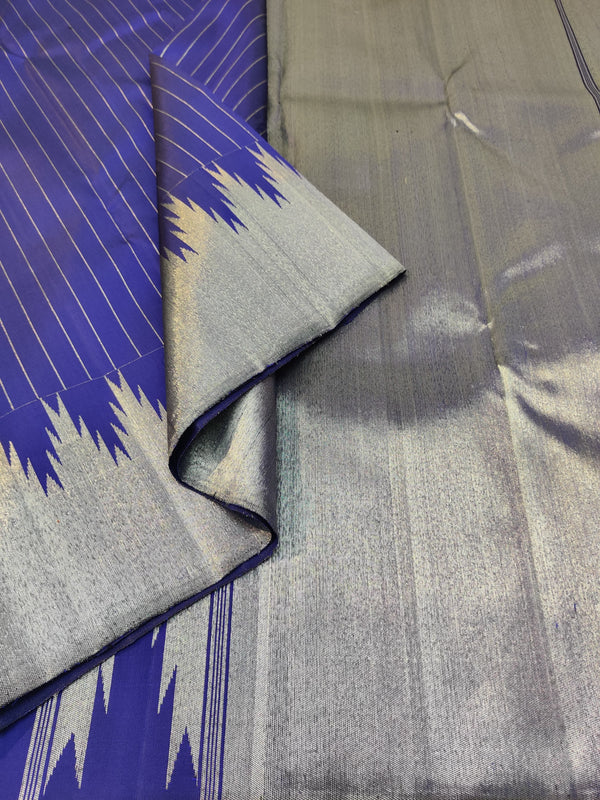 Navy Blue Kanchipuram Silk Saree with Silver Zari Temple Border