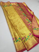 Celebrity Style - Golden Tissue Bridal Kanchipuram Silk Saree with Embroidery Work Border