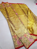 Celebrity Style - Golden Tissue Bridal Kanchipuram Silk Saree with Embroidery Work Border