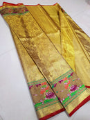 Celebrity Style - Golden Tissue Bridal Kanchipuram Silk Saree with Embroidery Work Border