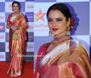 Celebrity Style Actress Rekha Inspired Golden Tissue Bridal Handloom Kanchipuram Silk Saree in Red Rose Shade