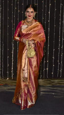 Celebrity Style Actress Rekha Inspired Golden Tissue Bridal Handloom Kanchipuram Silk Saree in Red Rose Shade