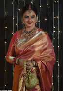 Celebrity Style Actress Rekha Inspired Golden Tissue Bridal Handloom Kanchipuram Silk Saree in Red Rose Shade