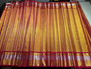 Celebrity Style Actress Rekha Inspired Golden Tissue Bridal Handloom Kanchipuram Silk Saree in Red Rose Shade