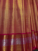 Celebrity Style Actress Rekha Inspired Golden Tissue Bridal Handloom Kanchipuram Silk Saree in Red Rose Shade