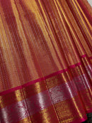Celebrity Style Actress Rekha Inspired Golden Tissue Bridal Handloom Kanchipuram Silk Saree in Red Rose Shade