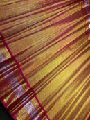 Celebrity Style Actress Rekha Inspired Golden Tissue Bridal Handloom Kanchipuram Silk Saree in Red Rose Shade