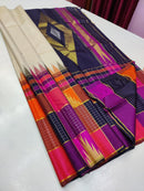 Celebrity Style Half White Beige Multi Colour One Side Korvai Temple Border Handloom Kanchipuram Silk Saree