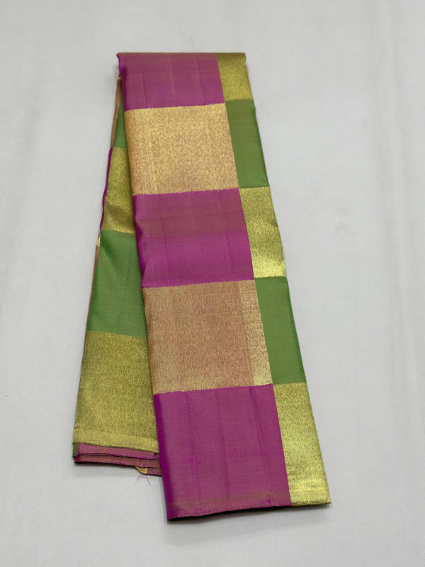 MultiColor Zari Checked Trendy Handloom Kanchipuram Silk Sarees