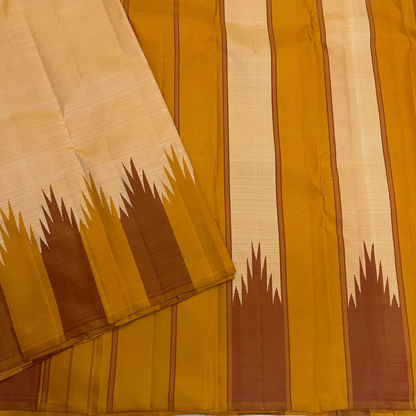 No Zari Golden Beige Shade Korvai Temple Border Kanchipuram Handloom Silk Saree