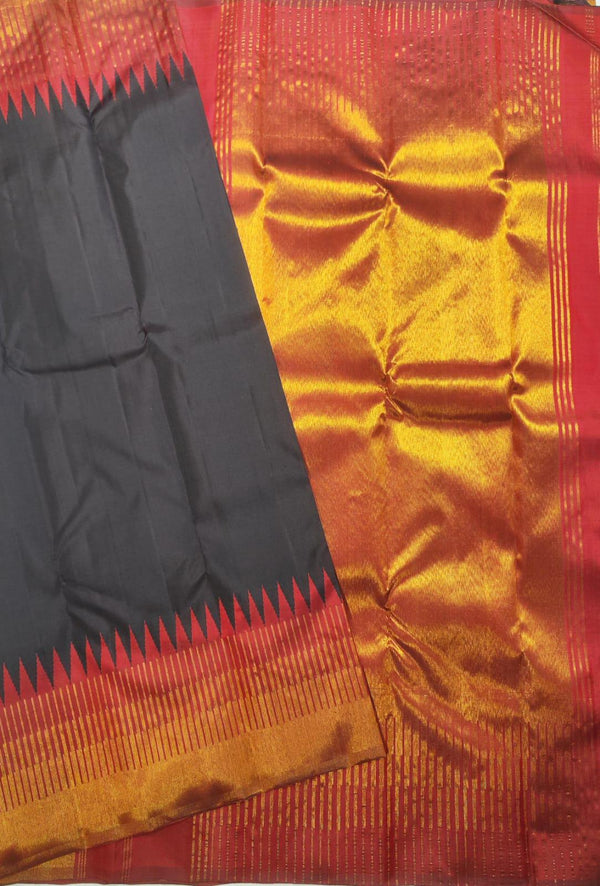 Black Red Seepu Korvai Temple Border Kanchipuram Handloom Silk Saree