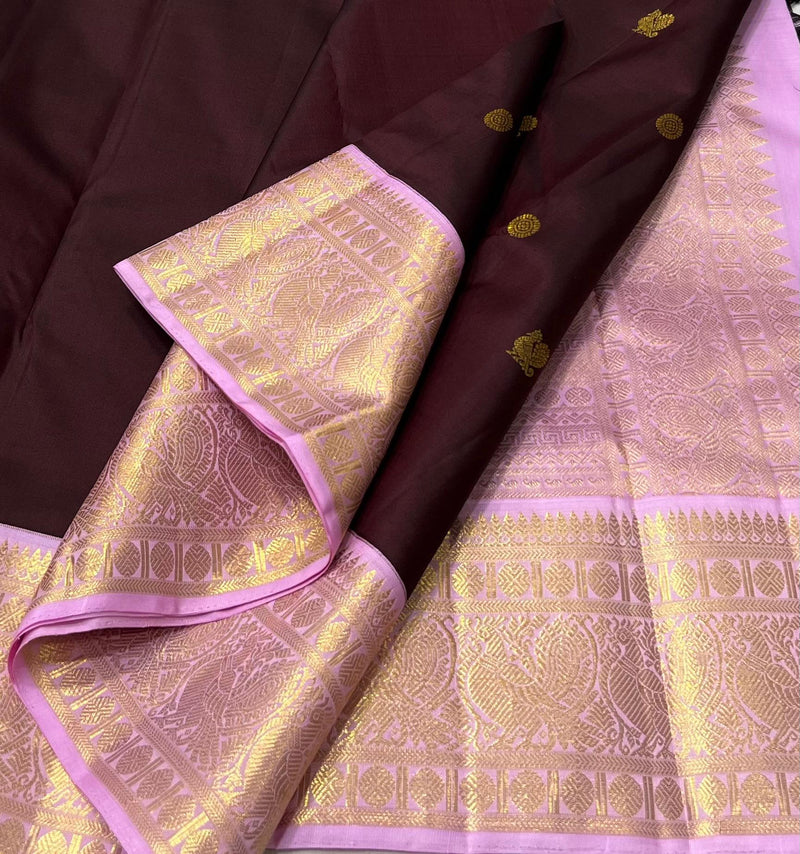 Deep Brown Pink Combination Traditional Korvai Handloom Kanchipuram Silk Saree