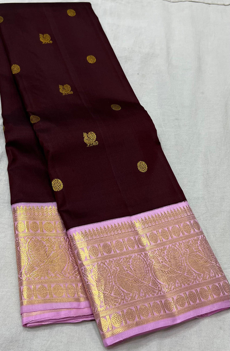 Deep Brown Pink Combination Traditional Korvai Handloom Kanchipuram Silk Saree