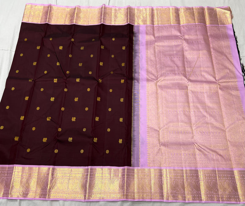 Deep Brown Pink Combination Traditional Korvai Handloom Kanchipuram Silk Saree