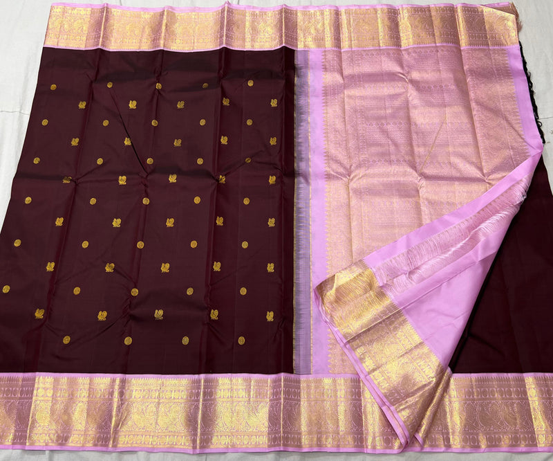 Deep Brown Pink Combination Traditional Korvai Handloom Kanchipuram Silk Saree