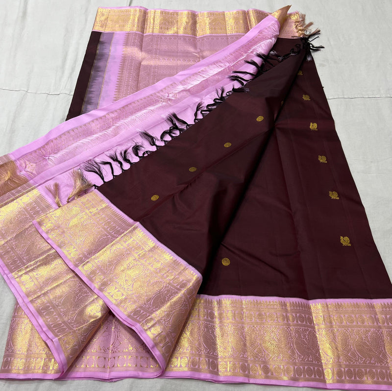 Deep Brown Pink Combination Traditional Korvai Handloom Kanchipuram Silk Saree