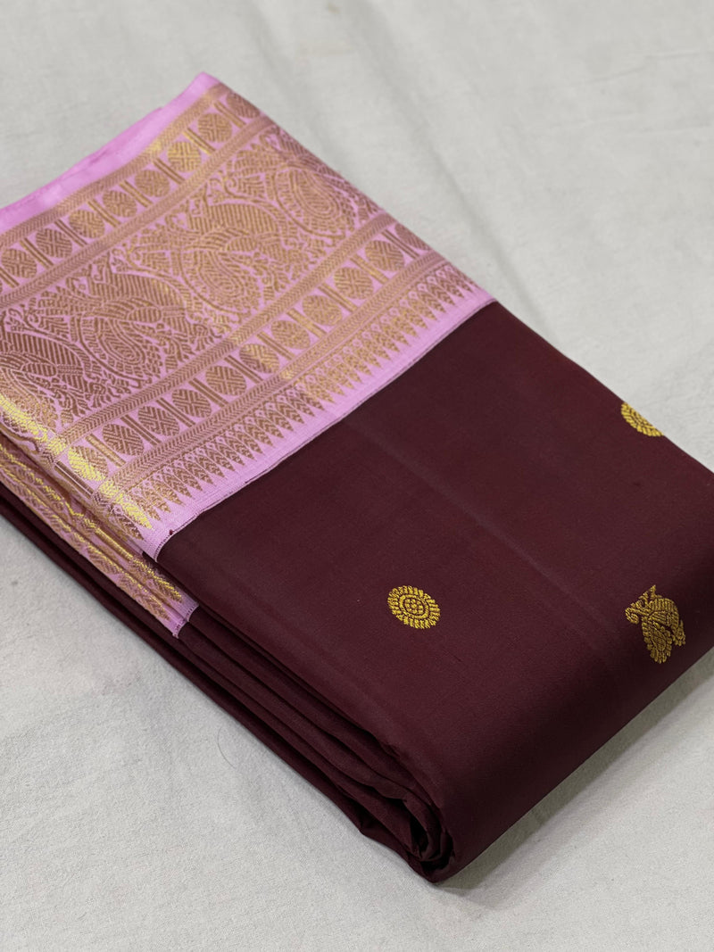 Deep Brown Pink Combination Traditional Korvai Handloom Kanchipuram Silk Saree