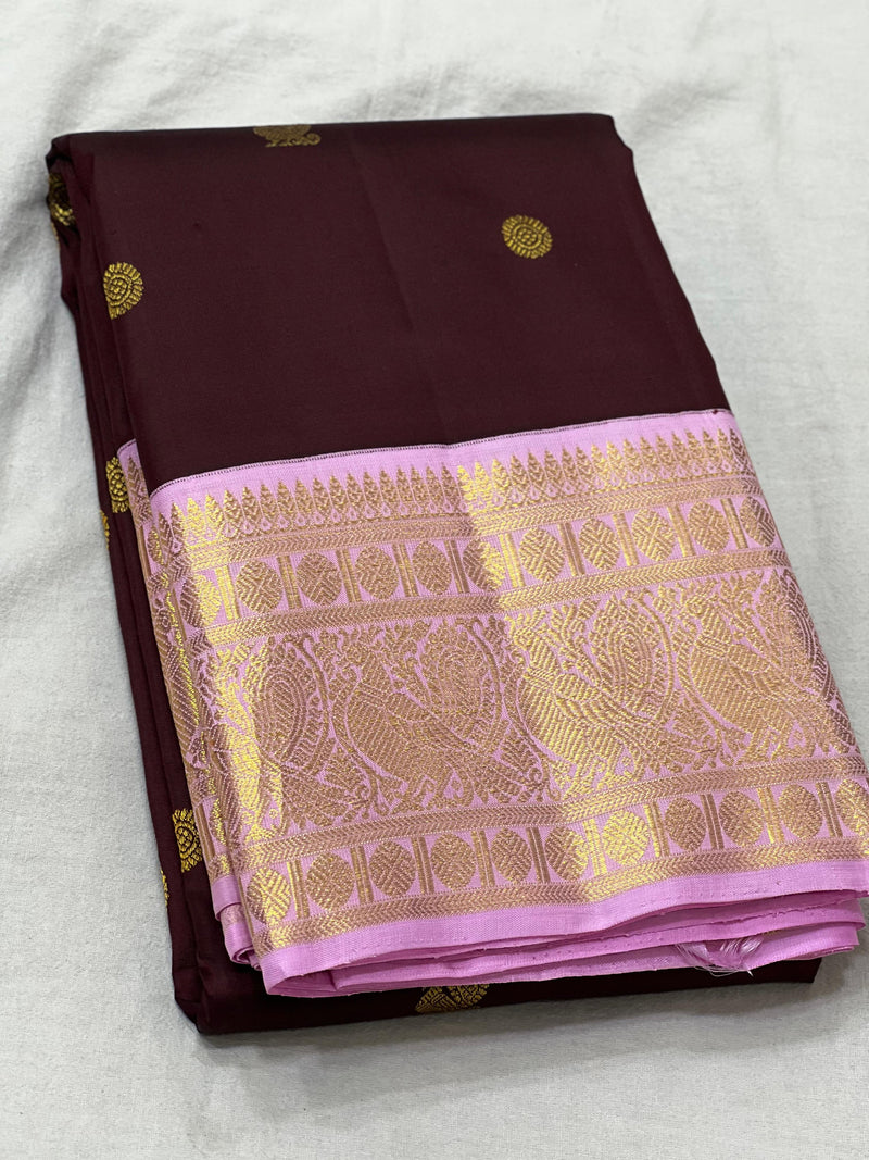 Deep Brown Pink Combination Traditional Korvai Handloom Kanchipuram Silk Saree