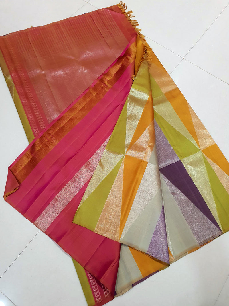 Catalogue - Multi Colour 8 Kol Korvai Temple Design Handloom Kanchipuram Silk Saree