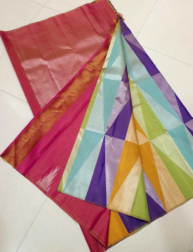 Catalogue - Multi Colour 8 Kol Korvai Temple Design Handloom Kanchipuram Silk Saree