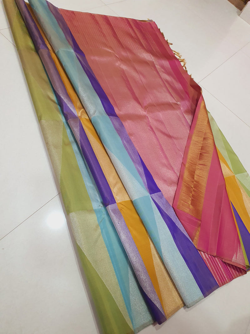 Catalogue - Multi Colour 8 Kol Korvai Temple Design Handloom Kanchipuram Silk Saree