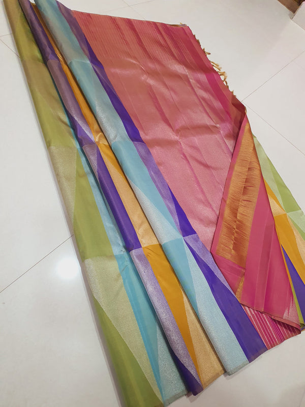 Multi Colour 8 Kol Korvai Temple Design Handloom Kanchipuram Silk Saree