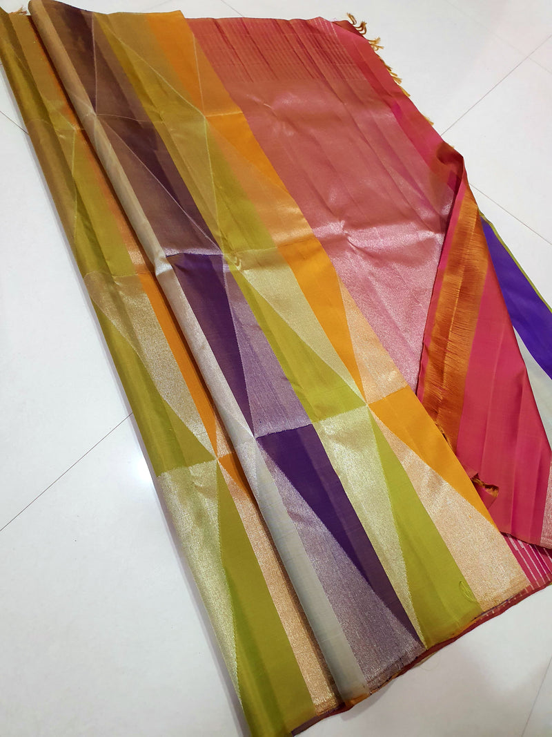 Catalogue - Multi Colour 8 Kol Korvai Temple Design Handloom Kanchipuram Silk Saree