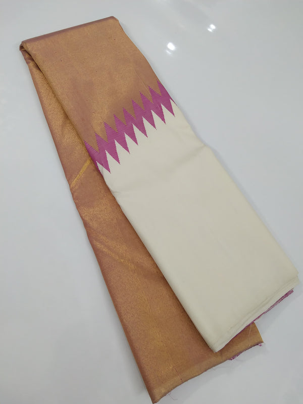 Milky White Cream Shade & Pink Korvai Raising Temple Border Kanchipuram Silk Saree